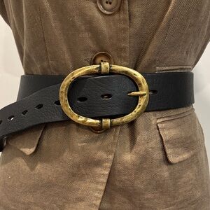 Igette Black Leather Wide Belt Gold Brass Buckle Statement Waist Size medium